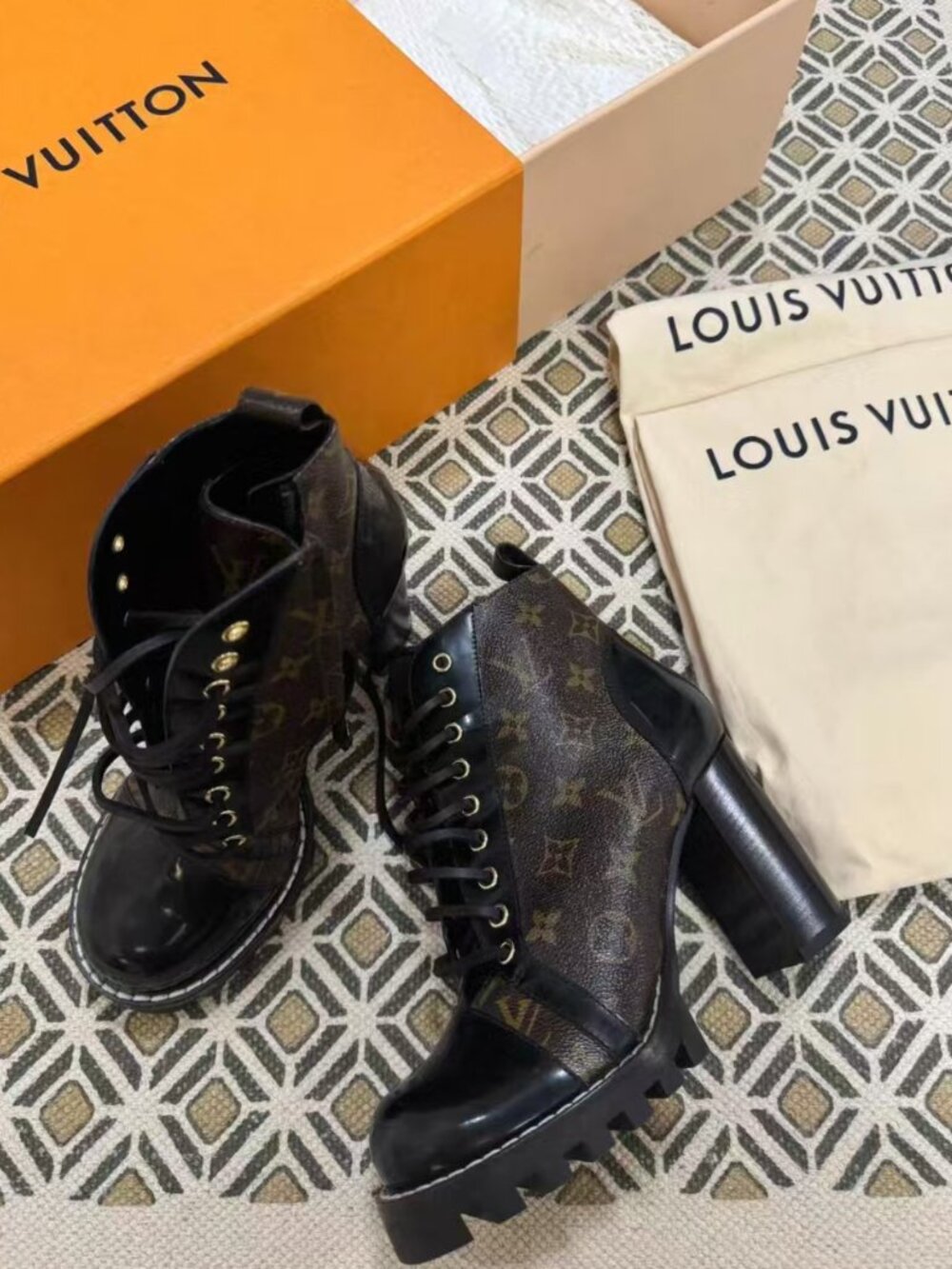 Louis Vuitton Monogram  Block Heel Combat Ankle Boots